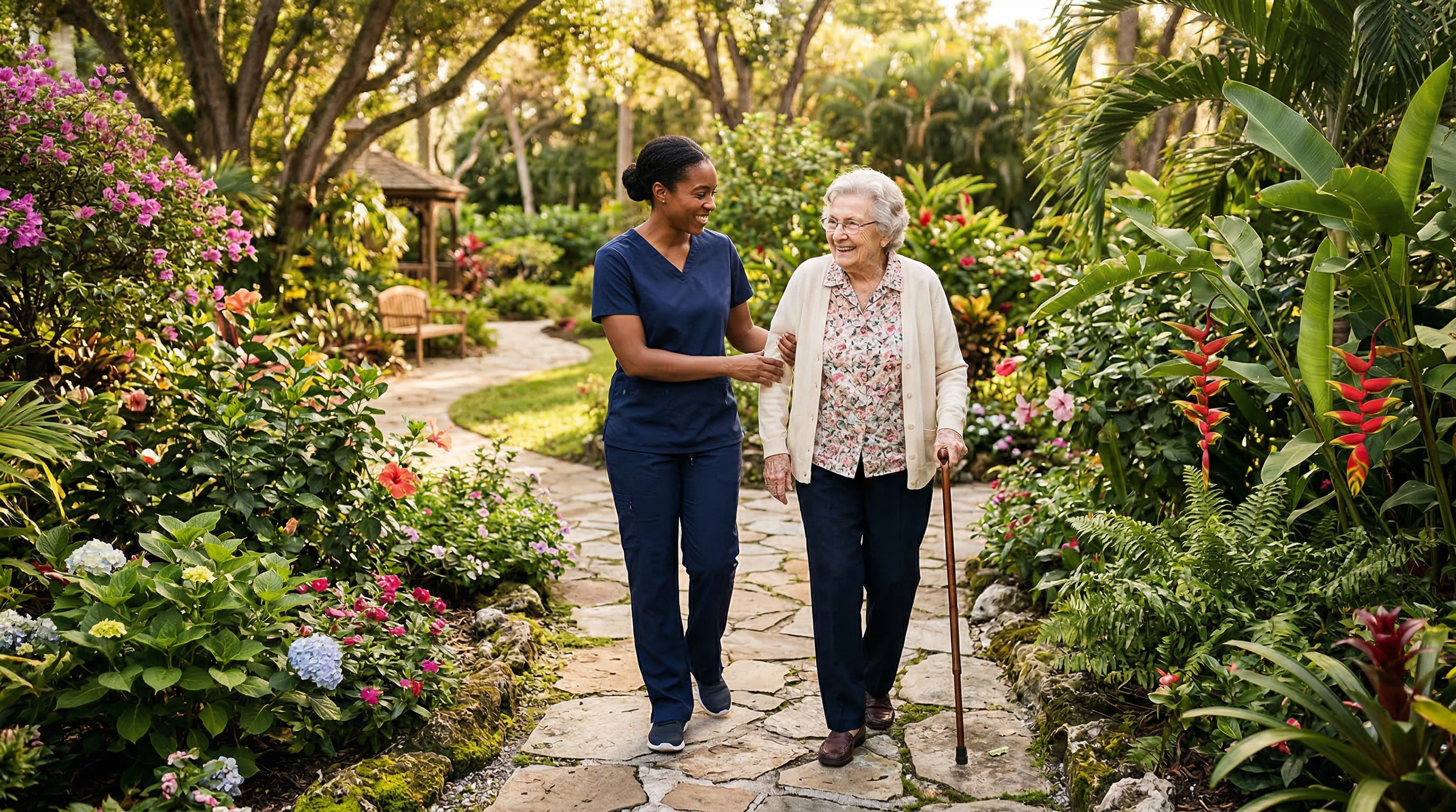 Caring staff providing personal assistance to a senior resident